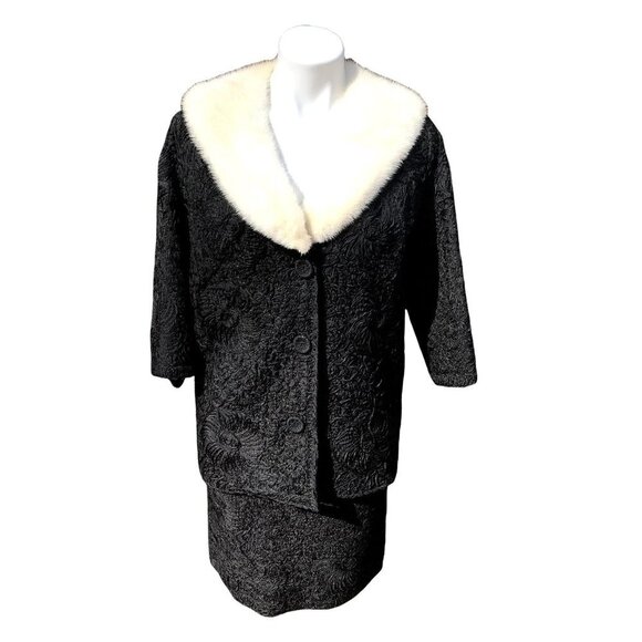 Vintage 50s Black Soutache Silk Ribbon Suit White Mink Stole Two Piece Matching